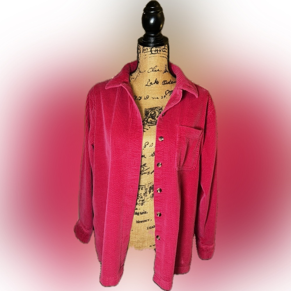 L.L Bean Bold Hot Pink Corduroy Button Down Cozy Chore Overshirt Shacket Shirt M